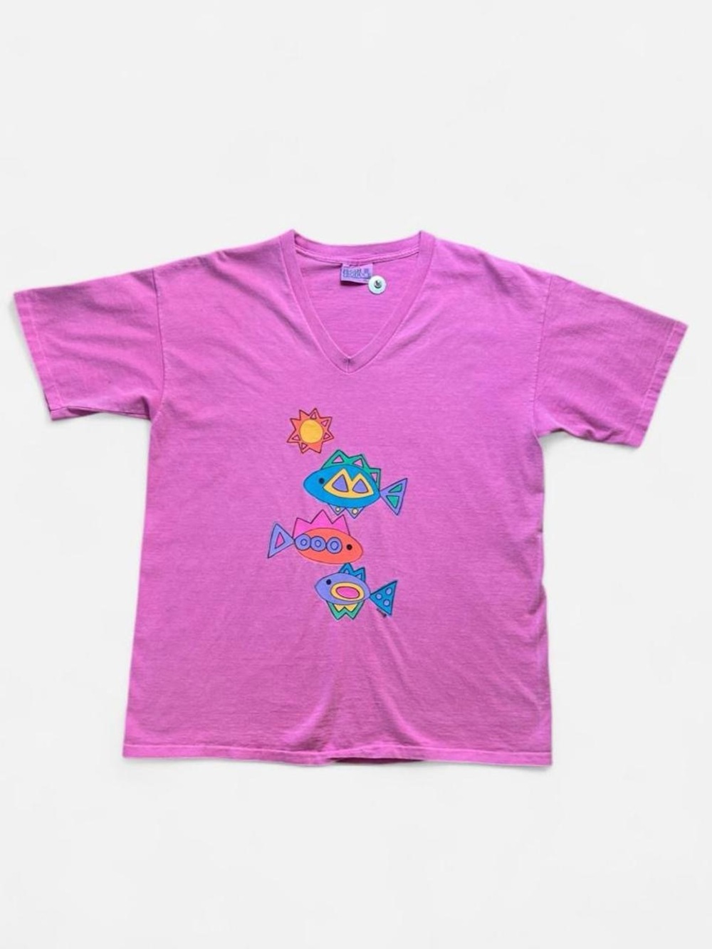 Vintage 1993 Fresh Produce Abstract Fish Under Sun Graphic V Neck T-Shirt